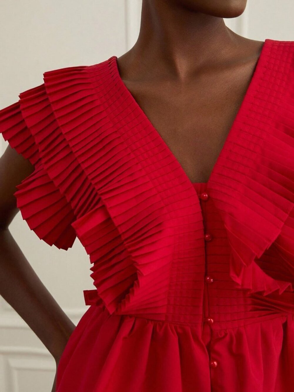 Red Party Women's Elegant Multi-Layer Ruffle Pleated V-Neck Sexy Blouse